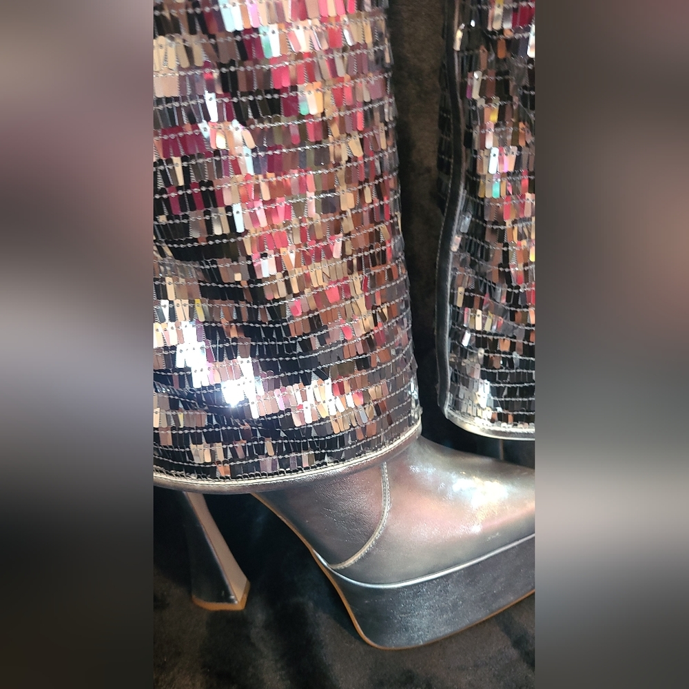 Silver Sequin Platform Mule Boots - Women's High Heel - Picture 15 of 15